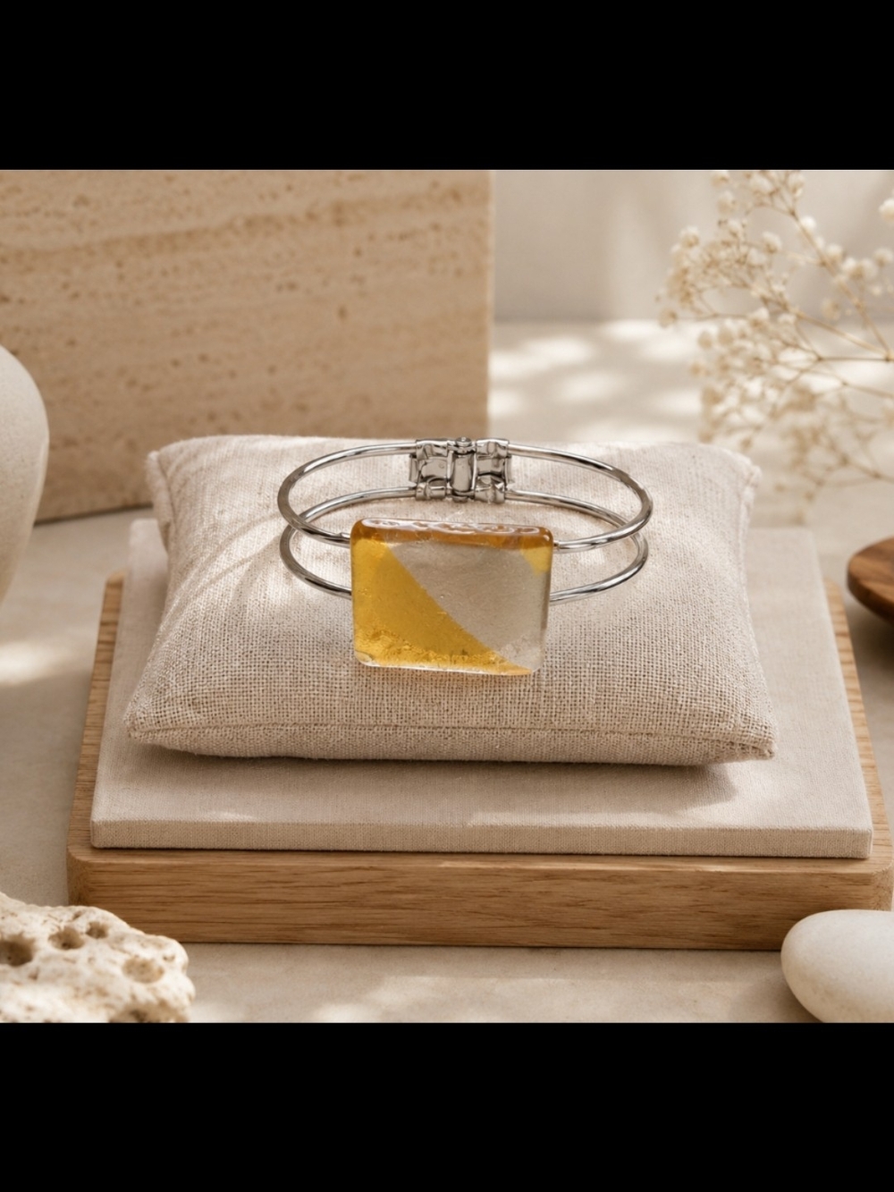 Silver Bangle Bracelet with Yellow and Clear Resin Accent